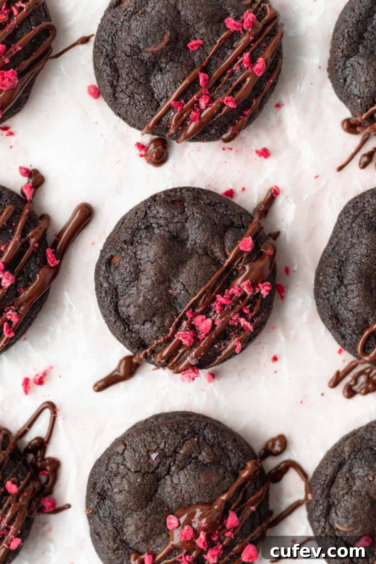 A close up shot of fudgy double chocolate chip cookies with freeze-dried raspberries sprinkled on top, showcasing their rich texture and melted chocolate chips.