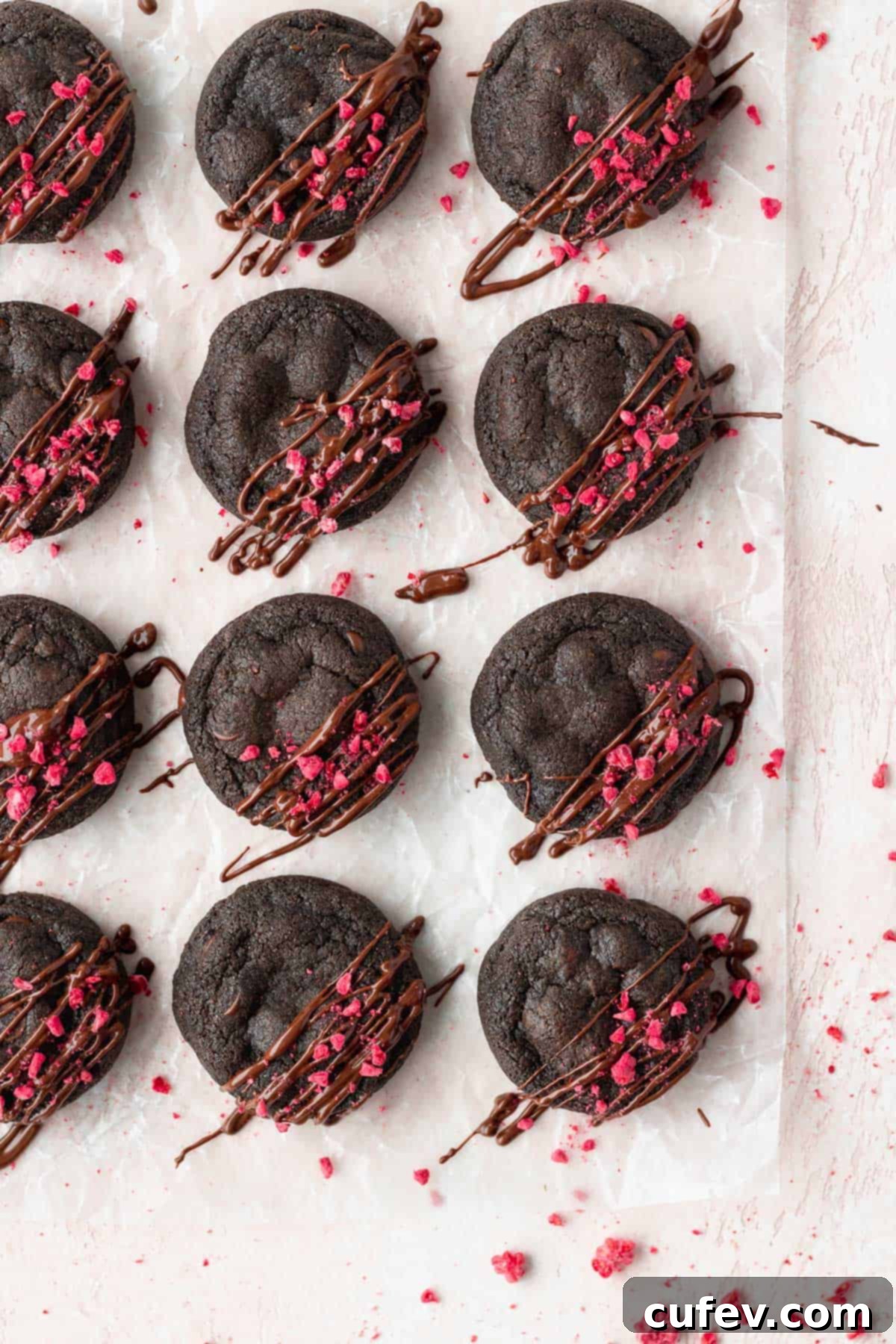 Dark chocolate cookies drizzled with extra melted chocolate and sprinkled with vibrant freeze-dried raspberries, resting on a pink surface for a stunning presentation.