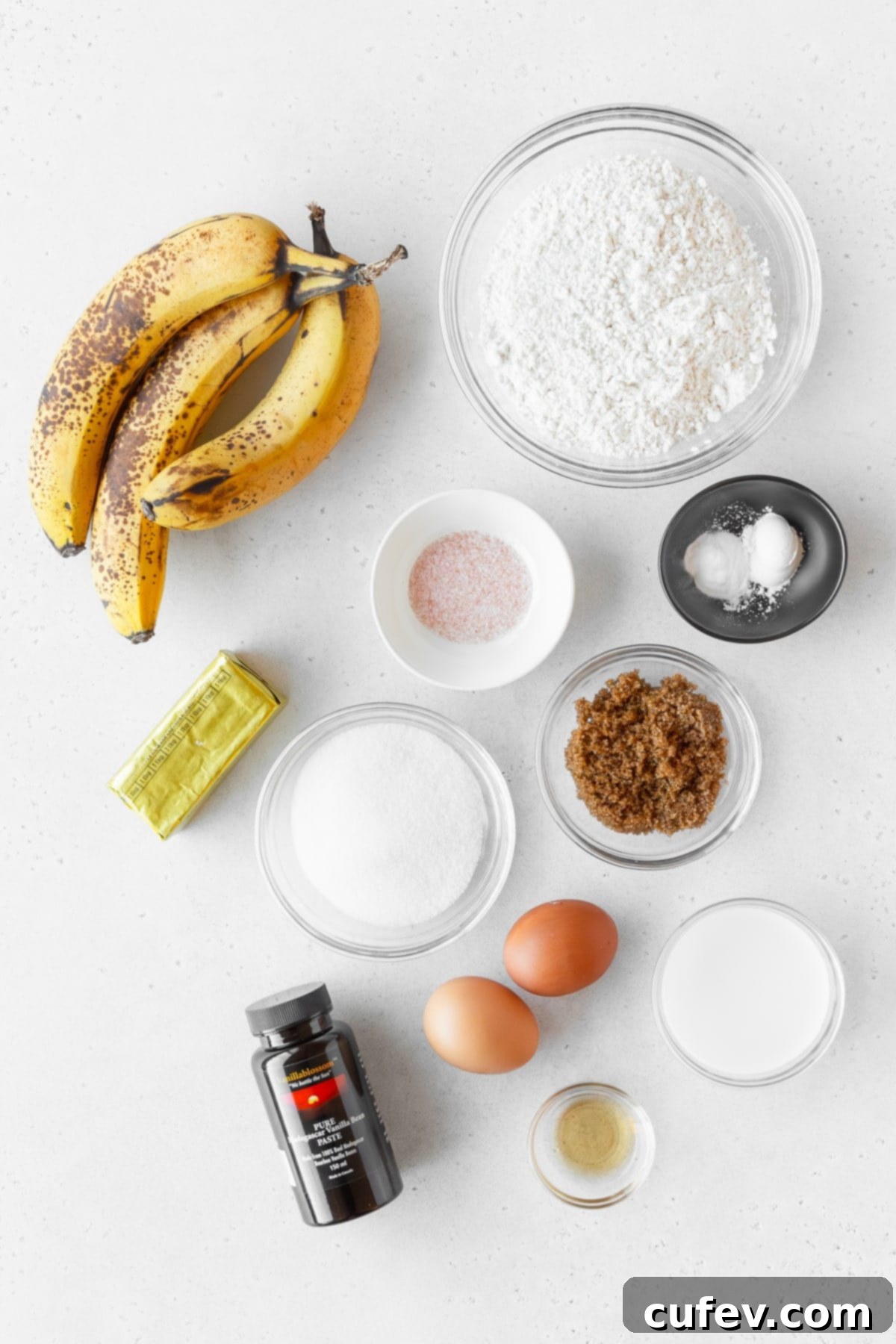 Ingredients to make gluten free banana bread measured out into bowls.