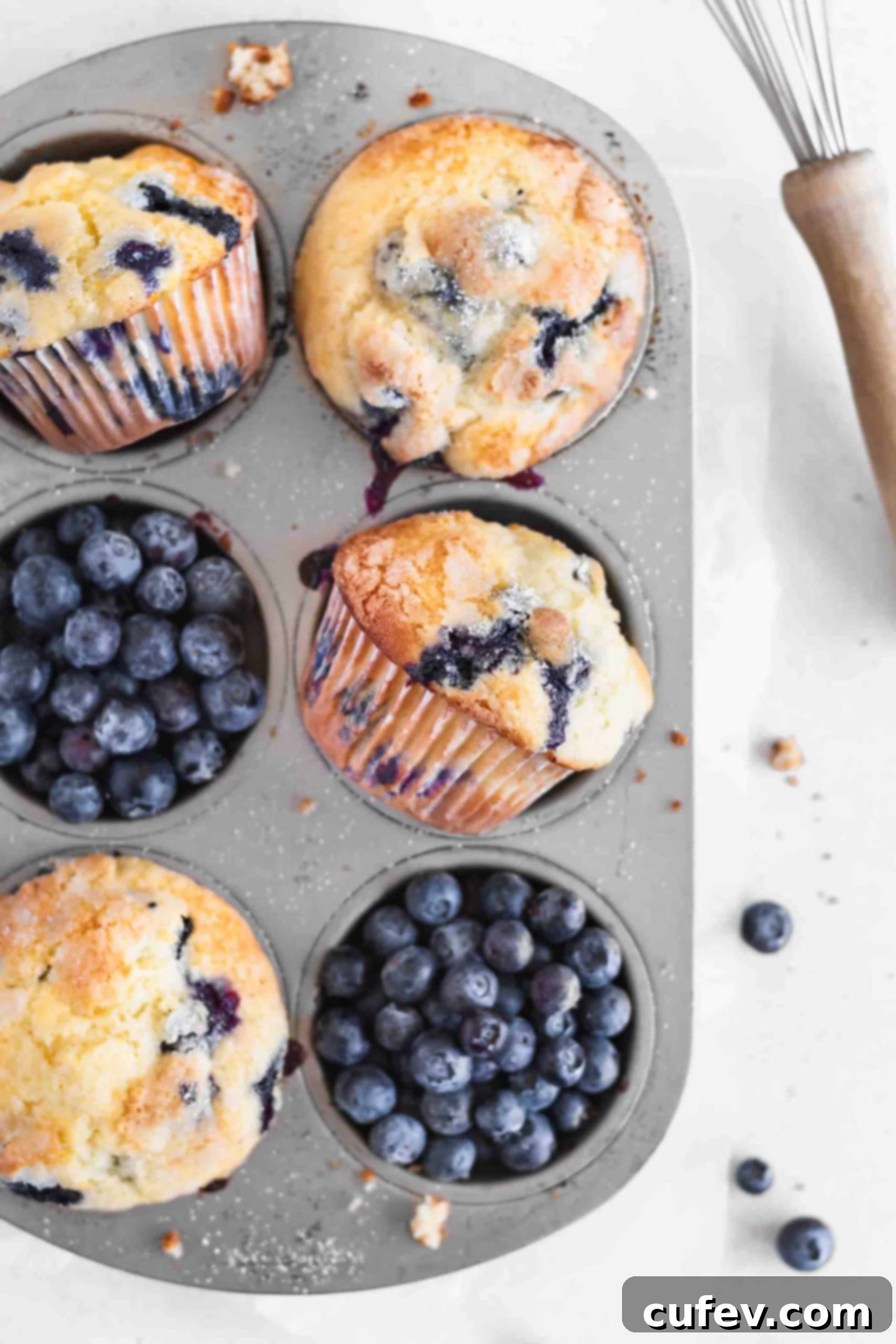 Bursting Blueberry Muffins 5 Blueberry muffins in a muffin pan