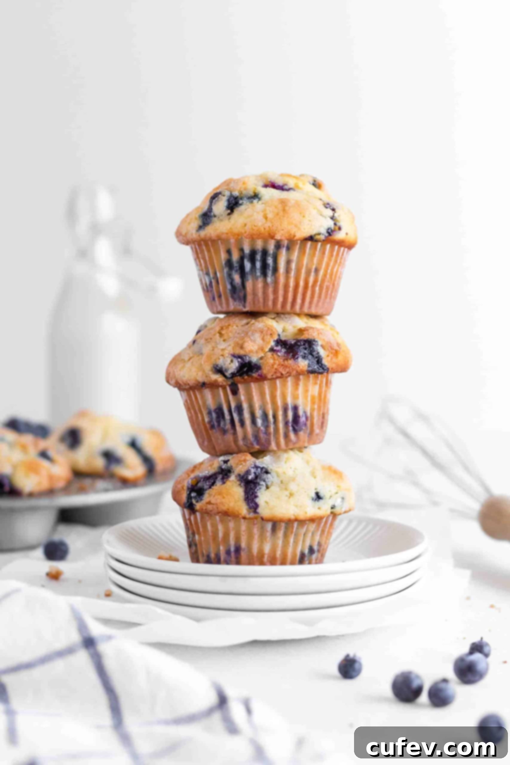 Bursting Blueberry Muffins 6 Blueberry muffins stacked on a plate