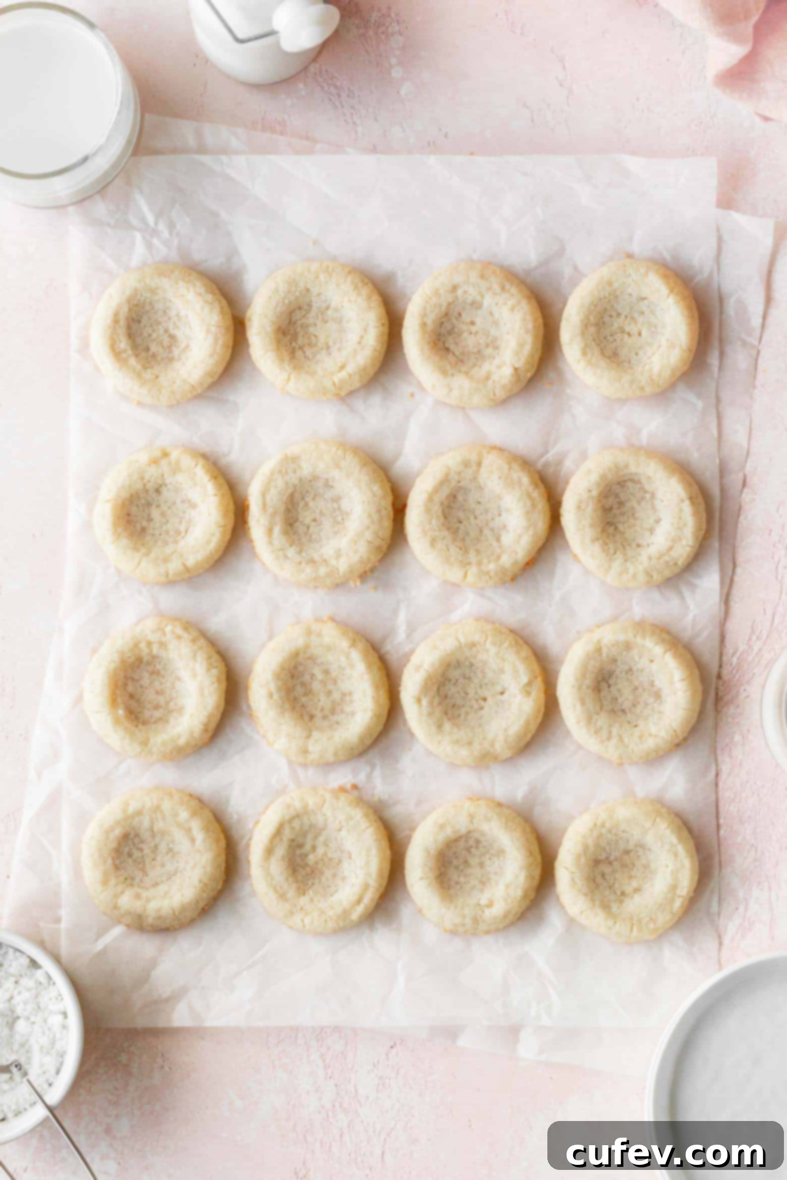 Warm sugar cookies with perfectly formed indentations cooling on a piece of parchment paper, ready for their lemon curd filling.