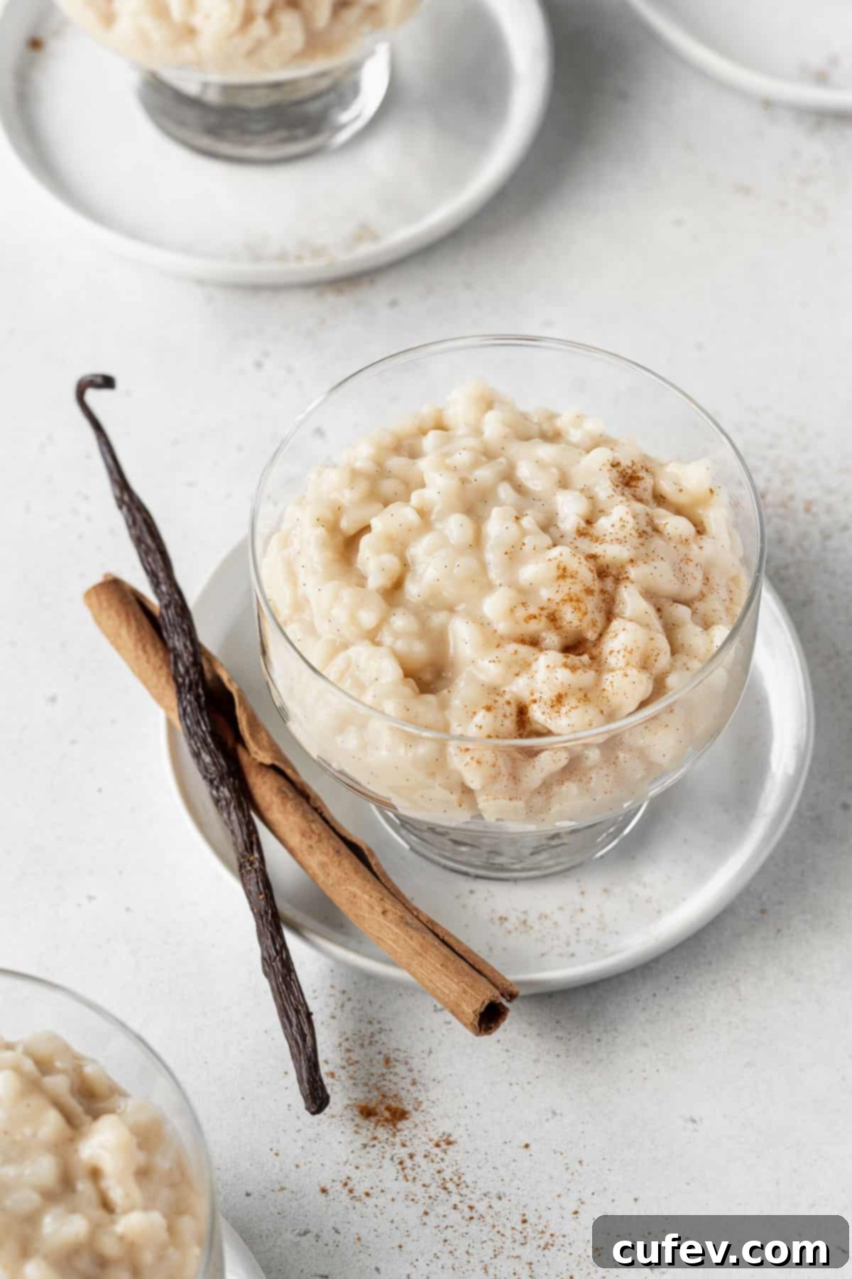 A serving of creamy vegan rice pudding in a elegant dessert glass, garnished with a cinnamon stick and a fresh vanilla bean, highlighting its rich, inviting texture.