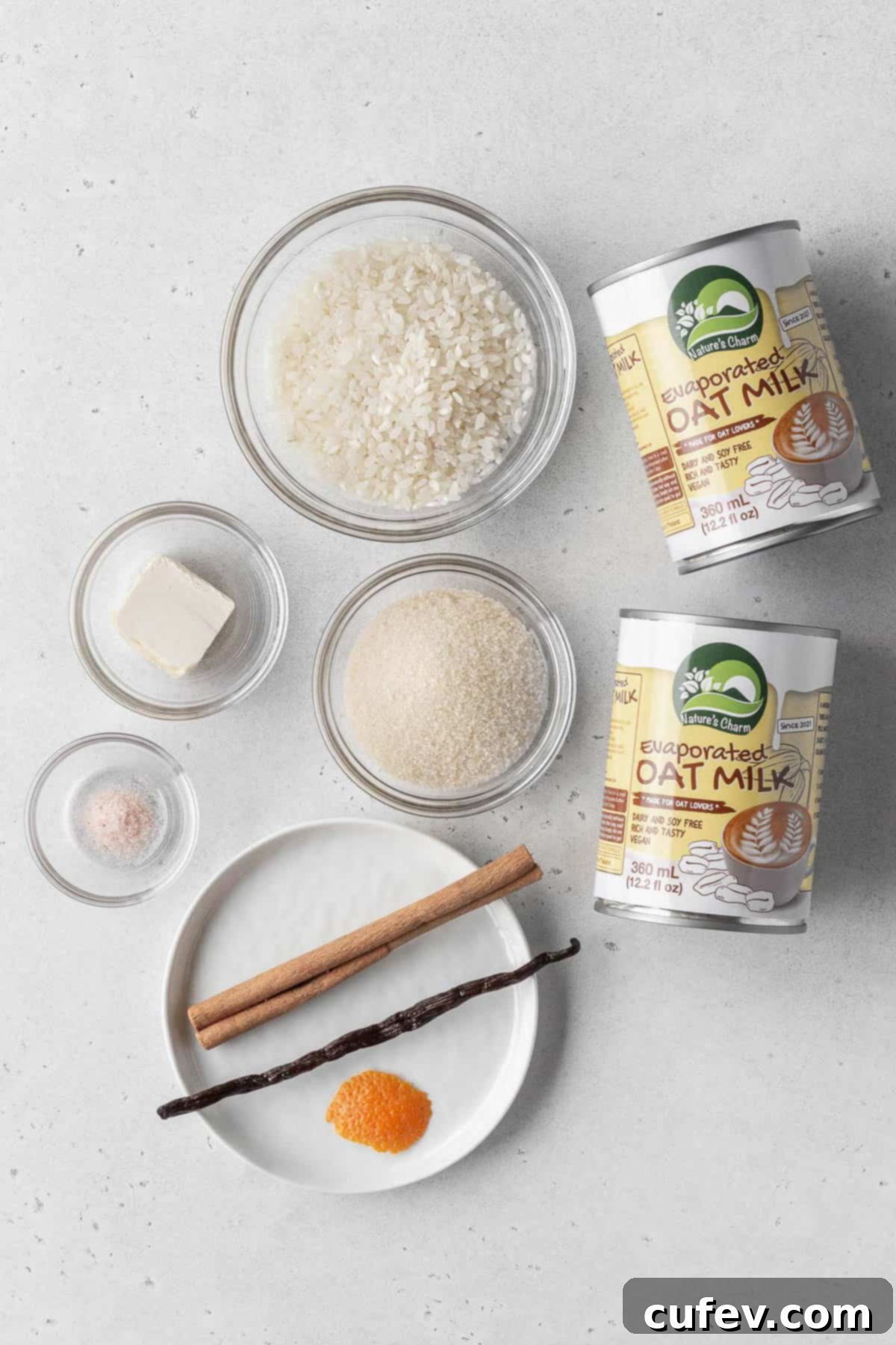 Various vegan rice pudding ingredients, including short-grain rice, granulated sugar, a vanilla bean, cinnamon stick, and two cans of evaporated oat milk, artfully arranged in small bowls on a clean white surface, ready for preparation.