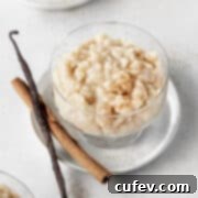 A glass bowl of creamy vegan rice pudding, garnished with a cinnamon stick and a fresh vanilla bean, presented neatly.