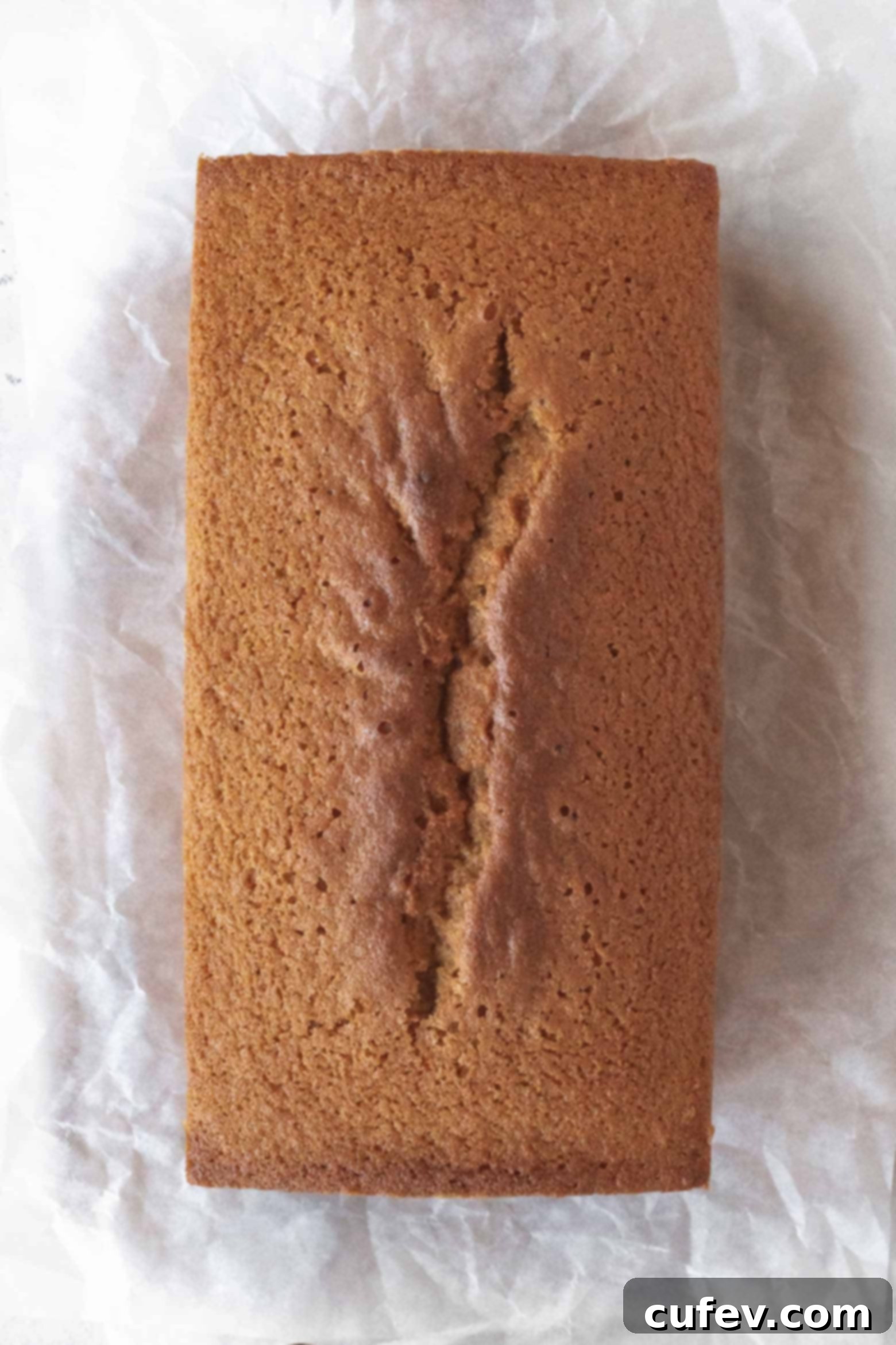 A freshly baked gluten-free pound cake loaf cooling on parchment paper on a wire rack.