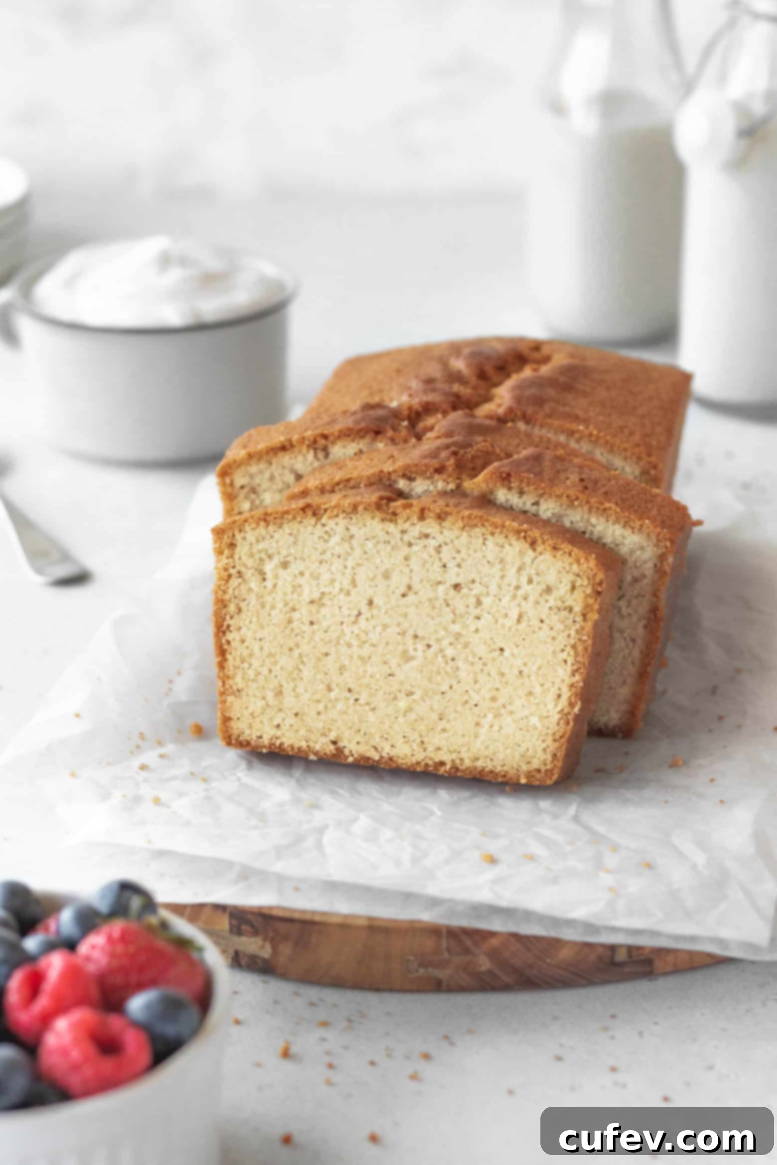 A perfectly baked and sliced gluten-free pound cake loaf, showcasing its even crumb.