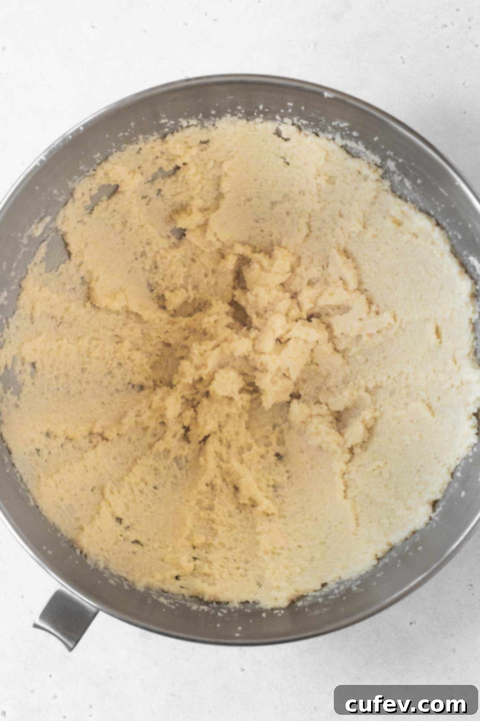 Beating butter, shortening, and granulated sugar together in a stand mixer bowl.