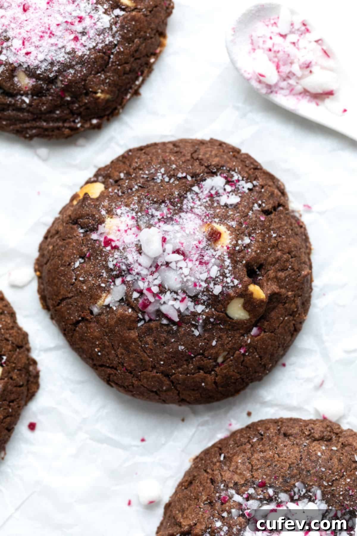 Chocolate peppermint cookies on a white surface.