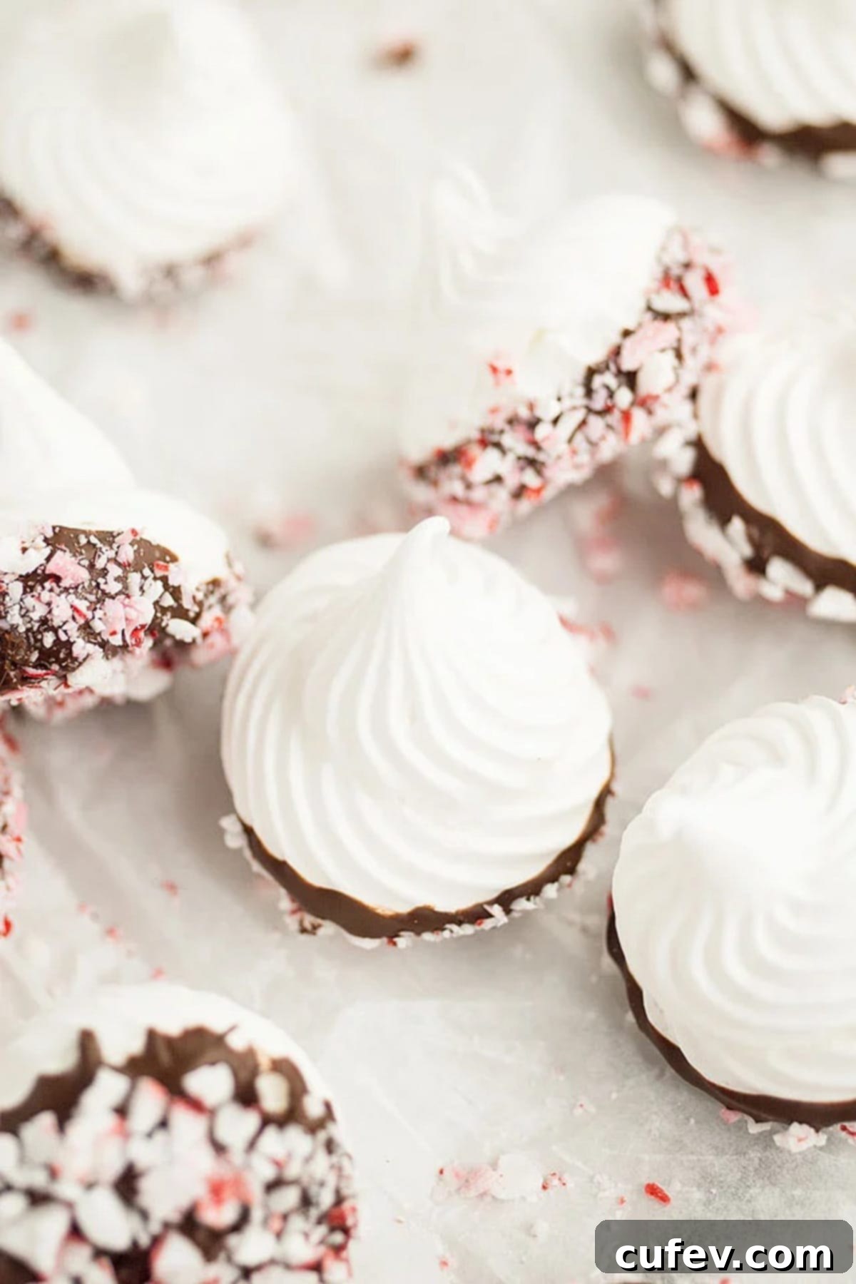 Chocolate dipped meringue kisses scattered on a white surface.