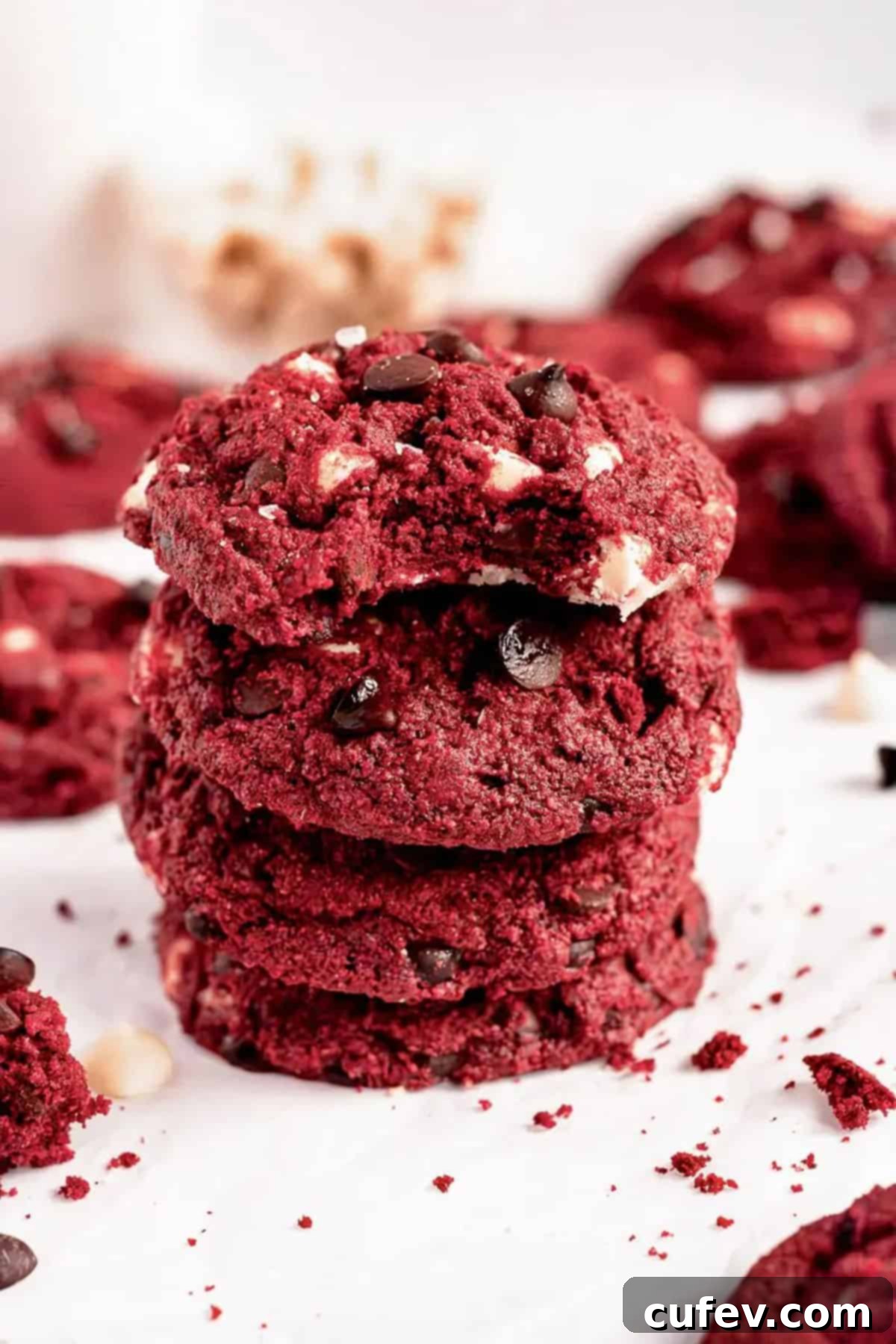 A stack of vegan red velvet cookies, with the top one having been bitten into.