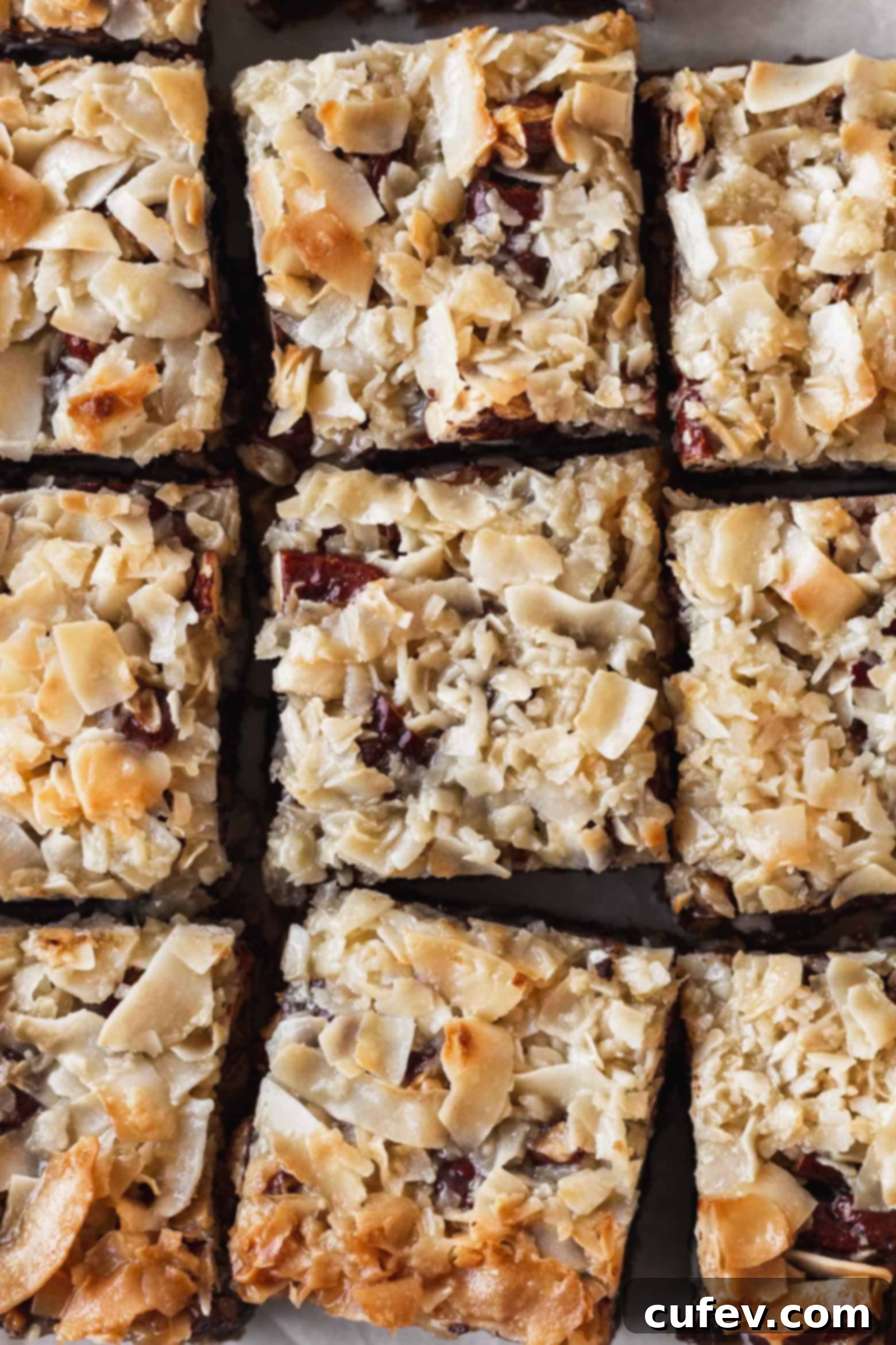 A close-up shot of a full pan of coconut dream bars, ready to be sliced.