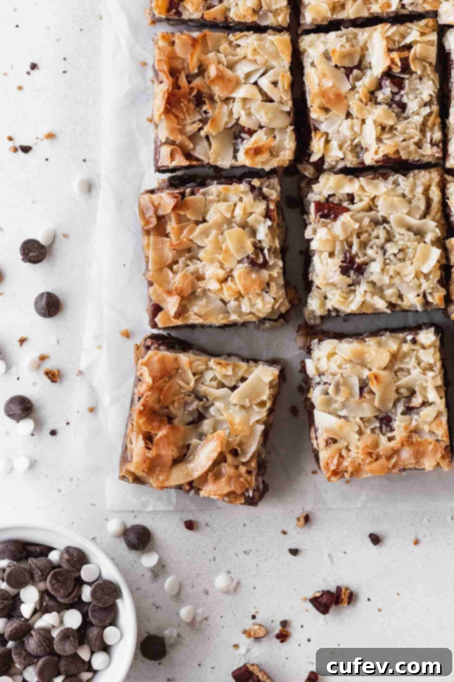 A platter of 7 layer magic bars next to a small dish of vegan chocolate chips, highlighting the ingredients.