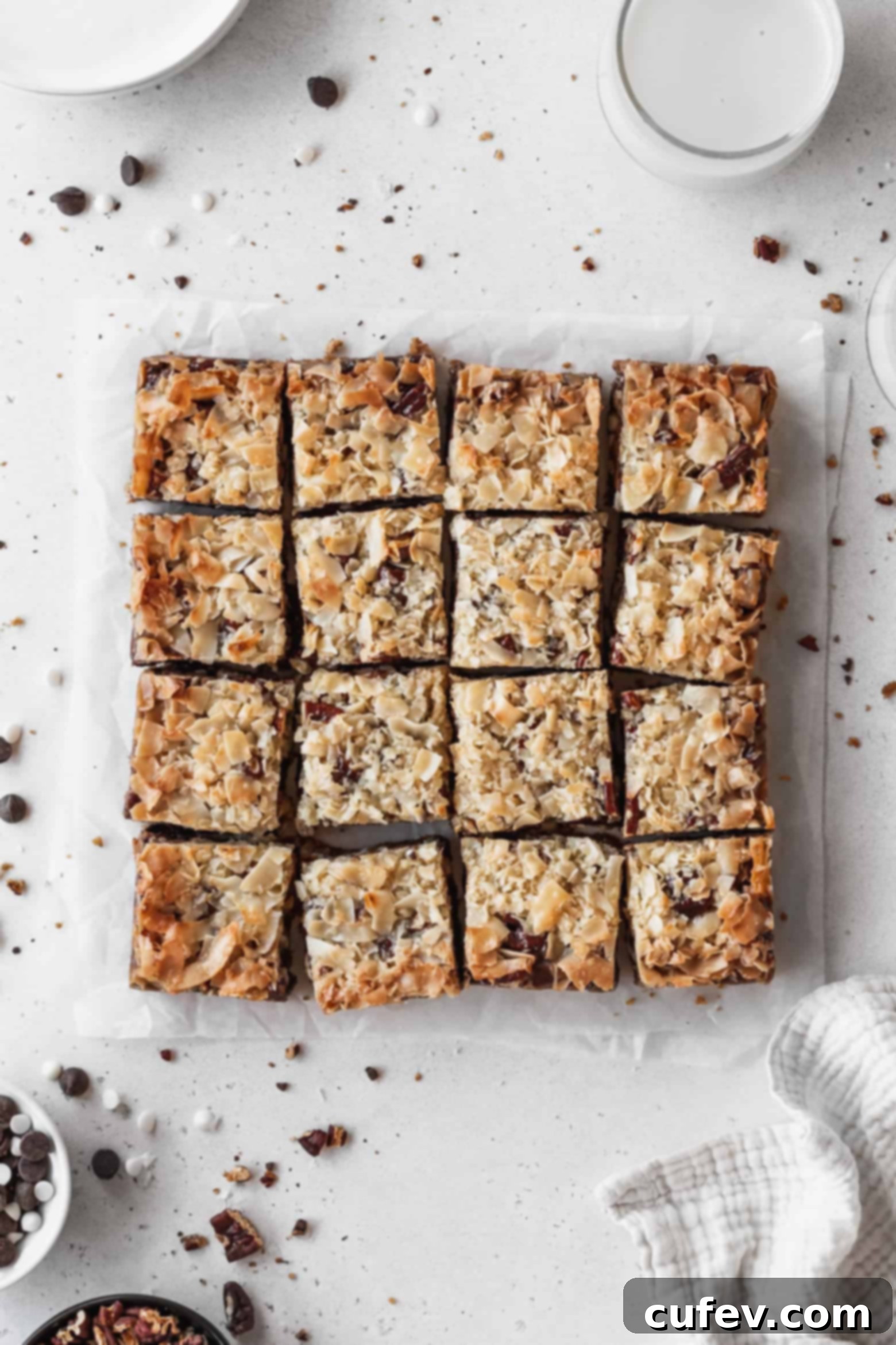 Perfectly cut squares of vegan 7 layer bars, showing off their rich, stacked layers.
