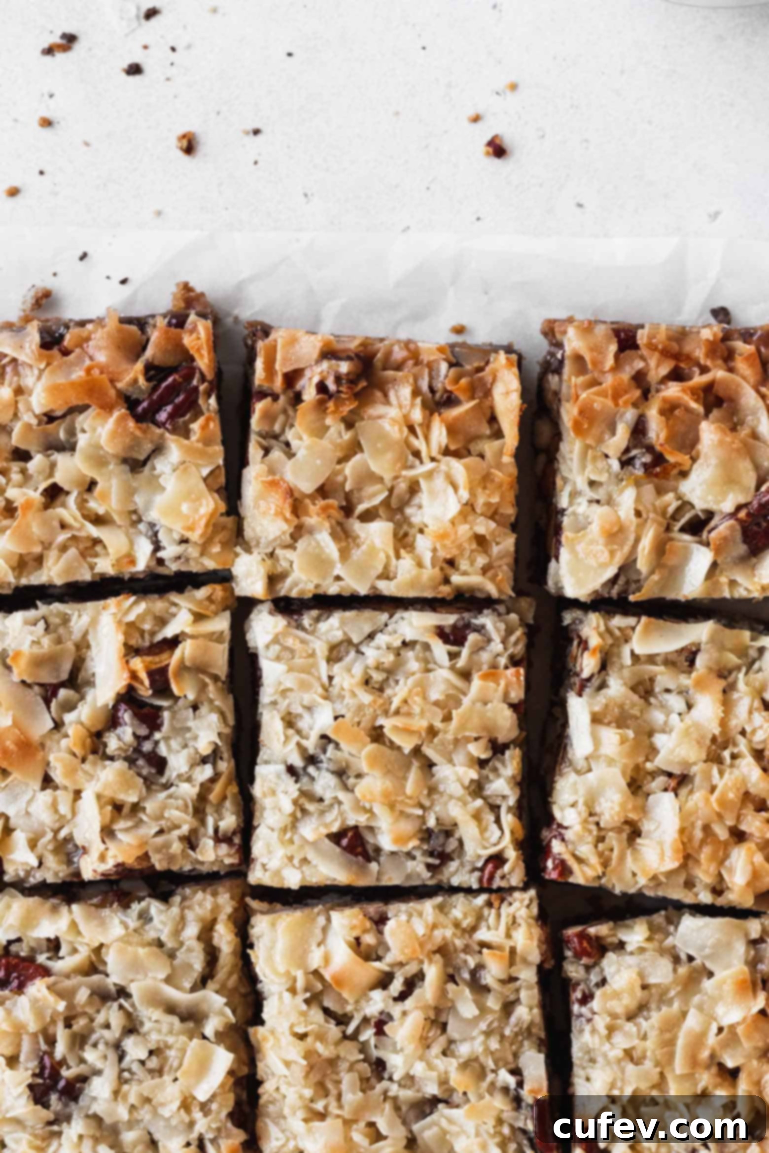 Close-up of freshly baked and sliced 7 layer magic bars.