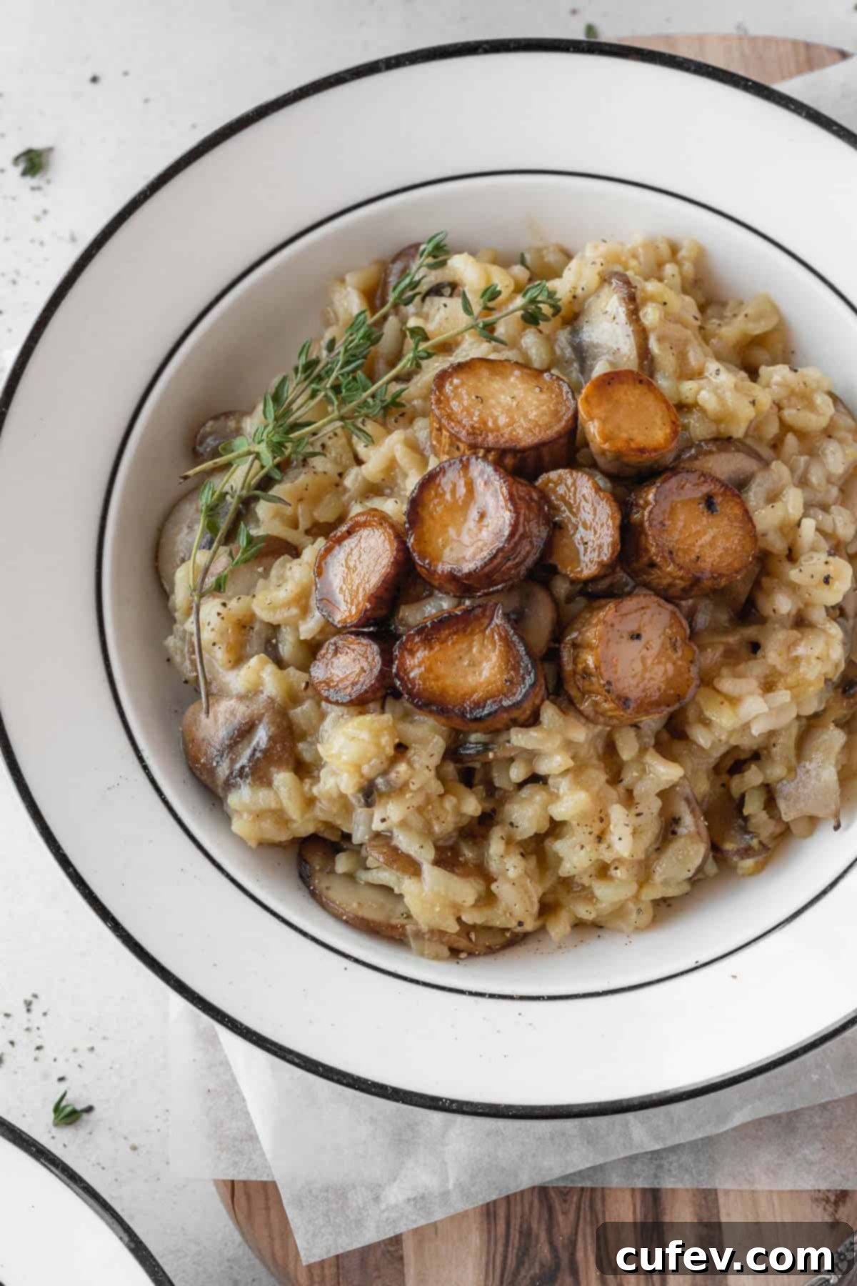 A plated dish of dairy-free mushroom risotto, elegantly topped with perfectly seared vegan scallops and a sprig of fresh herbs.