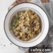 A plate of vegan mushroom risotto, beautifully garnished and ready to be served.