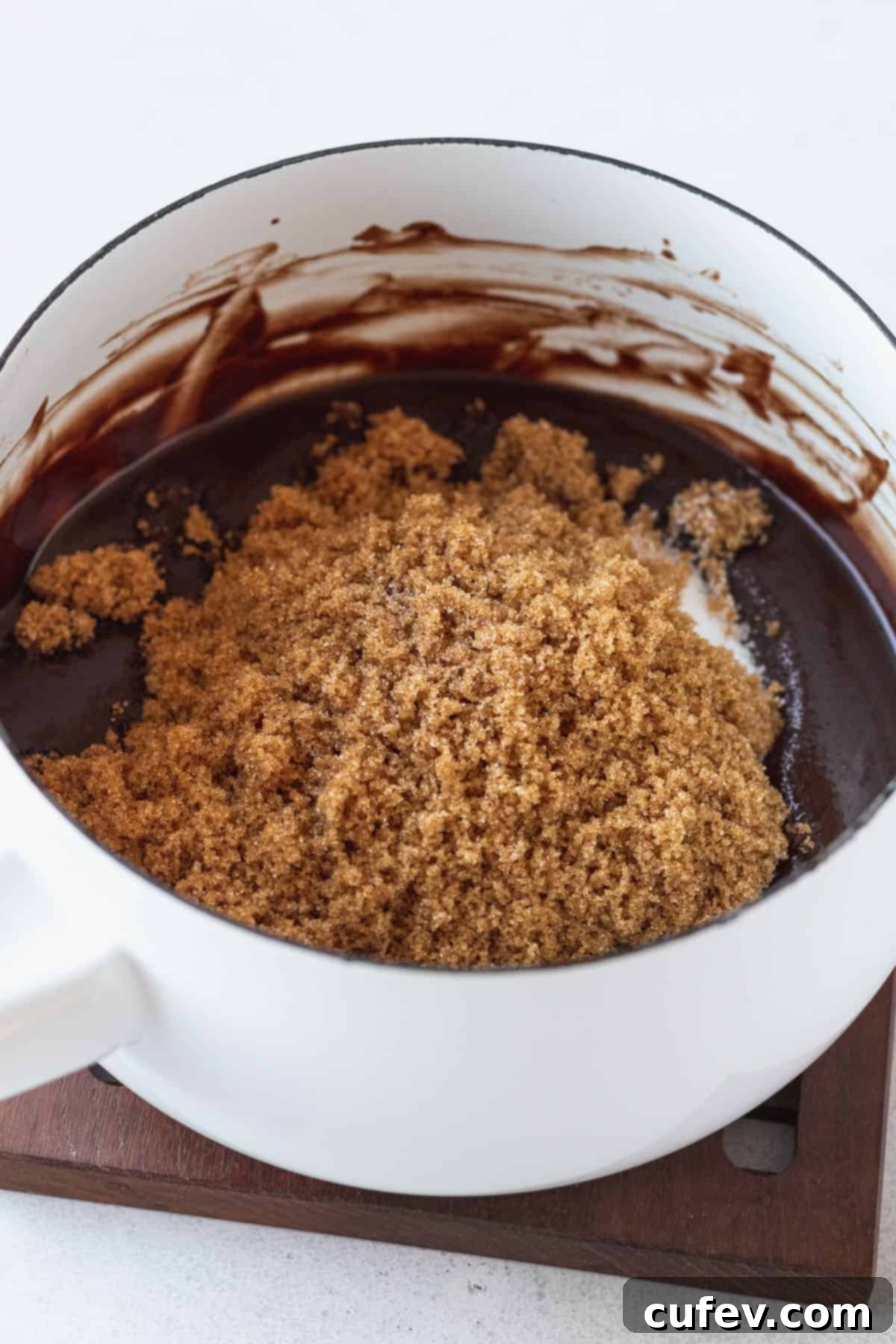 Sugars added to melted chocolate and butter.