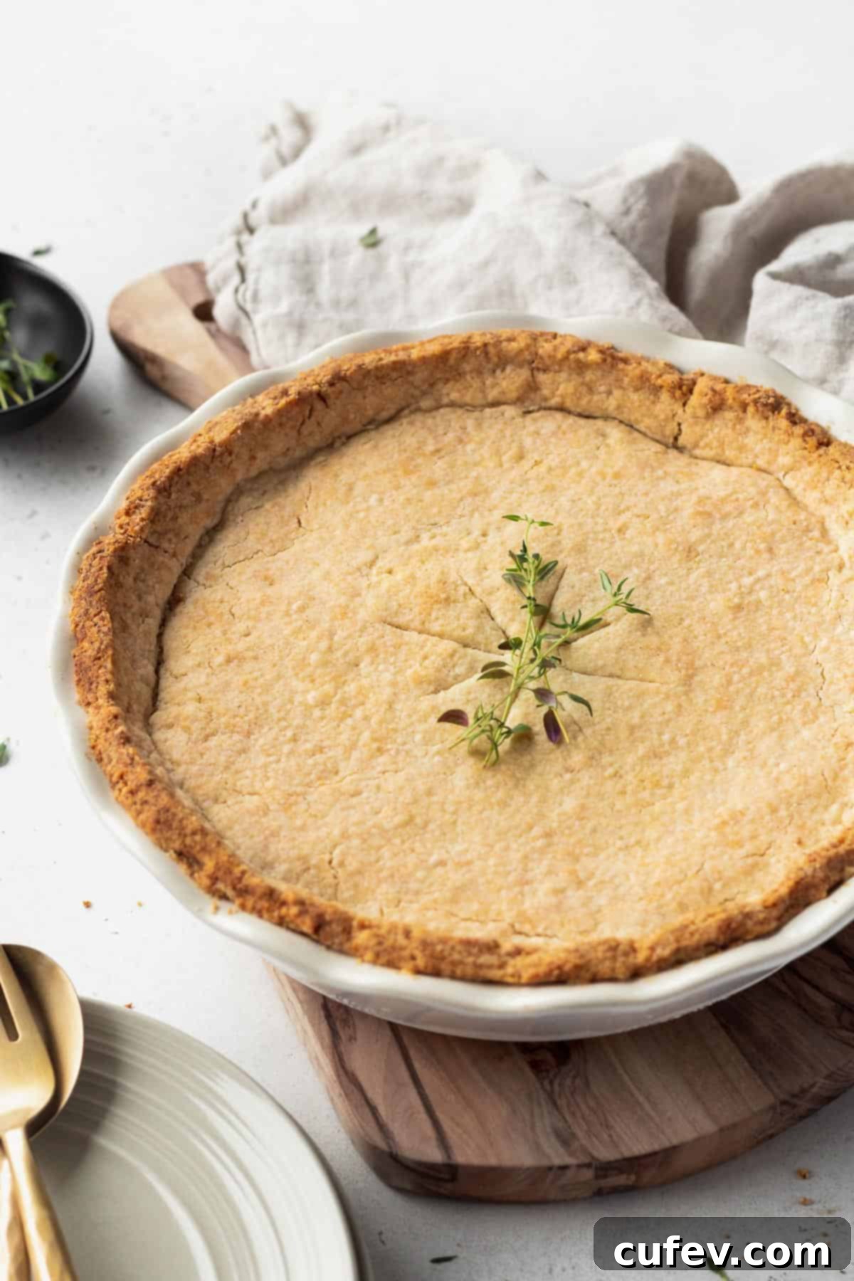 A whole, beautifully baked vegan pot pie nestled in a pristine white ceramic pie dish, garnished with fresh sprigs of thyme on top, ready for serving.